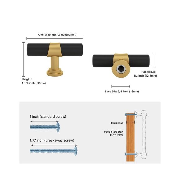 Haliwu Black and Gold Cabinet Knobs, 8 Pack 2 inch Single Hole With Screws - Picture 4 of 9